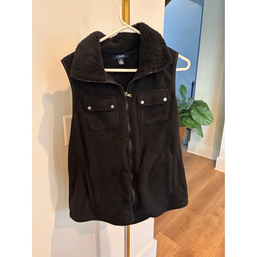 Chaps Womens Black Fleece Vest Sherpa Lined Collar Full Zip Pockets Large L